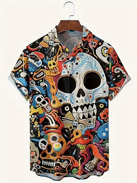 Skull Retro Print Men's Short Sleeve Lapel Shirt