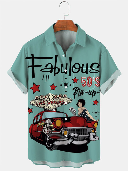 Vintage Rockabilly Music Pin Up Girl Short Sleeve Men's Shirts With Pocket