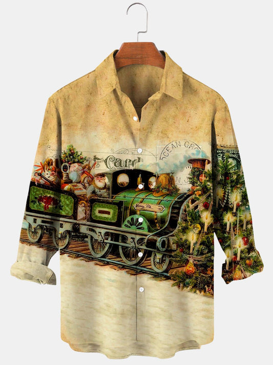 Christmas Train Long Sleeve Men's Shirts With Pocket