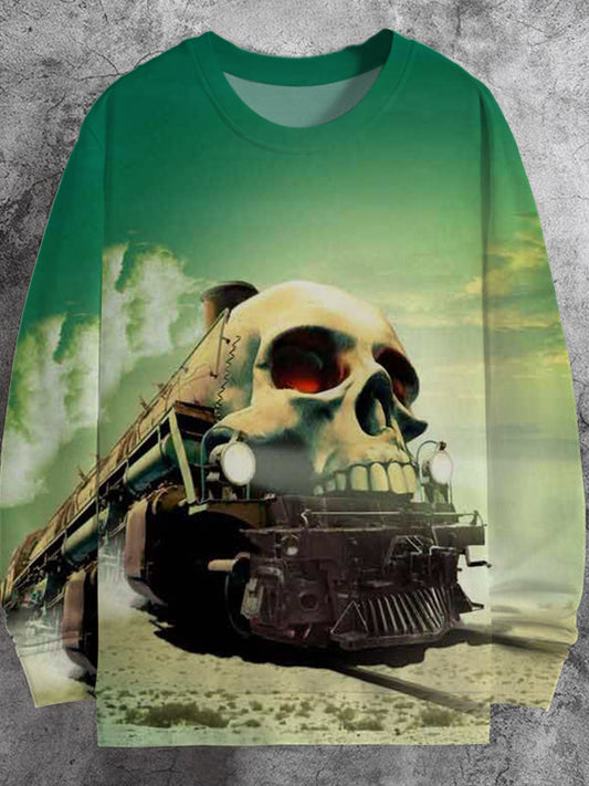 Skull Train Print Round Neck Long Sleeve Men's Top