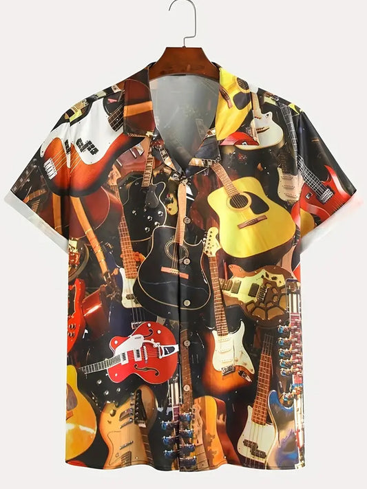 Retro Guitar Print Men's Cuban Collar Short Sleeve Shirt