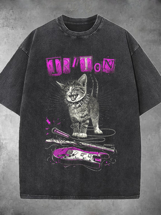 Cat Print Washed Short Sleeve Round Neck Men's T-shirt
