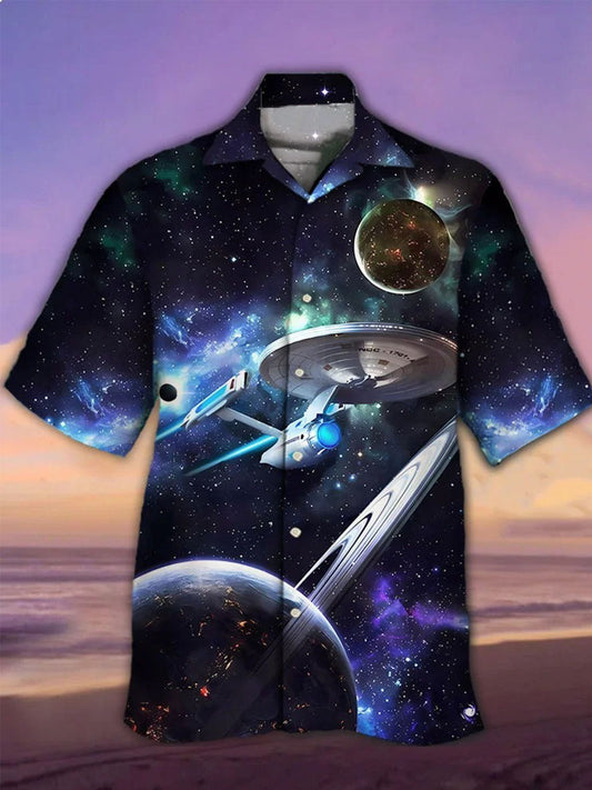 Galaxy Spaceship Galaxy Men's Cuban Collar Short Sleeve Shirt