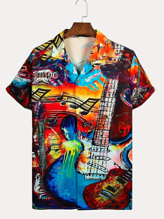 Personalized Color Block Guitar Print Men's Cuban Collar Short-Sleeved Shirt