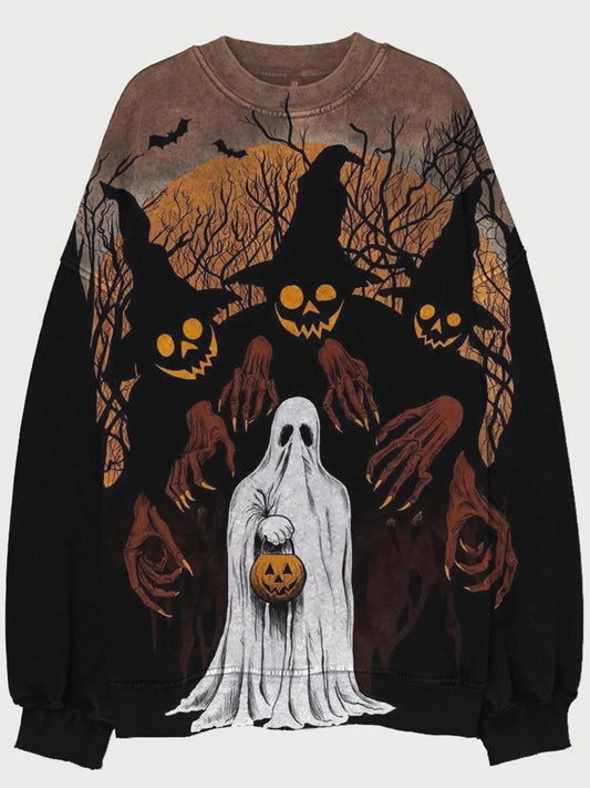Halloween Spooky Print Men's Long Sleeve Round Neck Sweatshirt