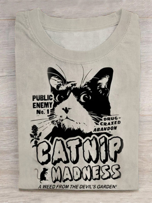 Funny Cat Print Round Neck Short Sleeve Men's T-shirt