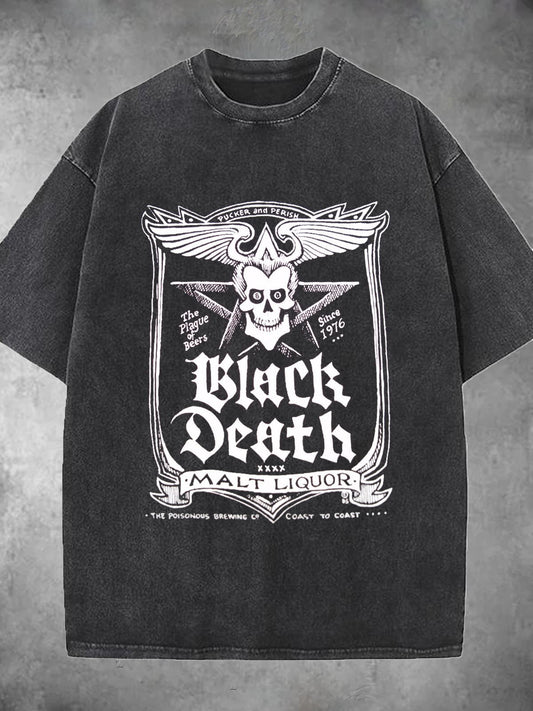 Black Death Malt Liquor Washed Short Sleeve Round Neck Men's T-shirt