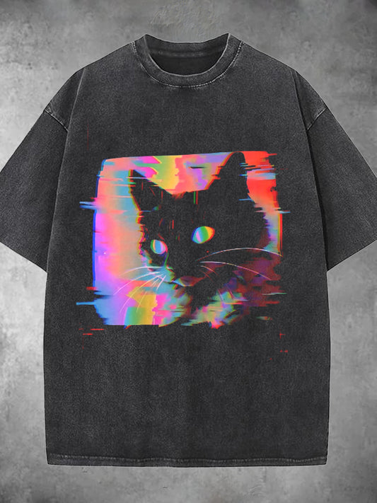 Psychedelic Weirdcore Cat Washed Short Sleeve Round Neck T-shirt