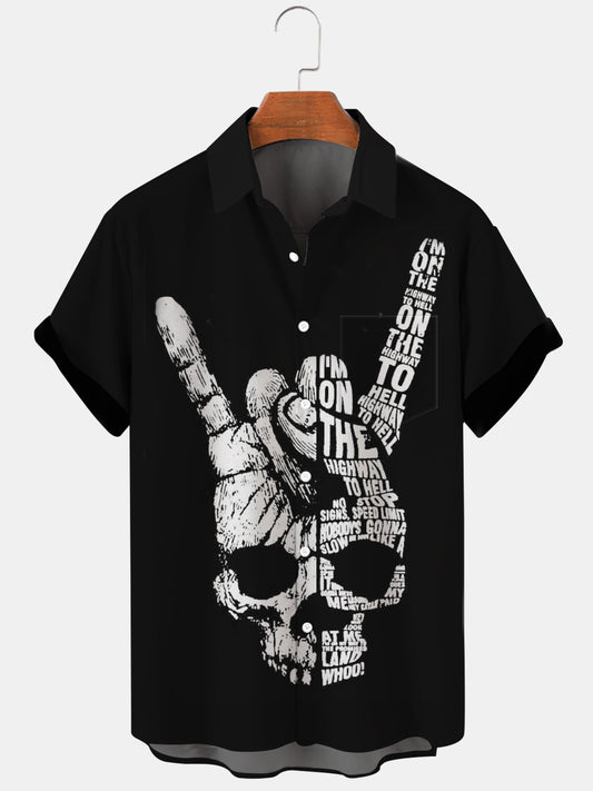 Rock Skull Print Short Sleeve Men's Shirts With Pocket