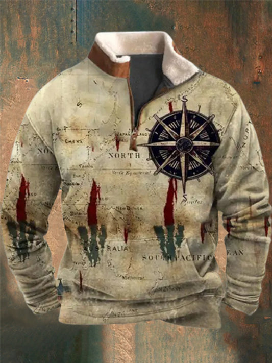 Retro Nautical Map Compass Print Men's Long Sleeve Stand Collar Zipper Sweatshirt