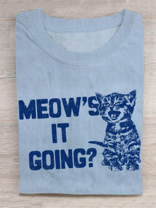 Meow's It Going Funny Cat Vintage Print Round Neck Short Sleeve Men's T-shirt