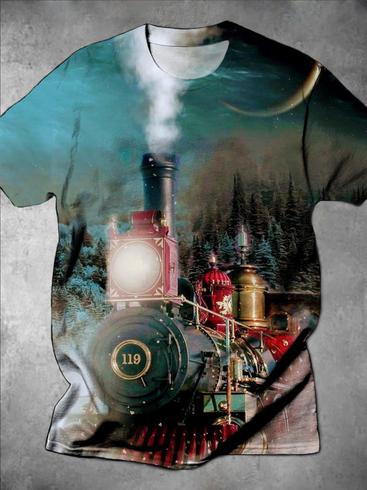 Vintage Train Print Round Neck Short Sleeve Men's T-shirt