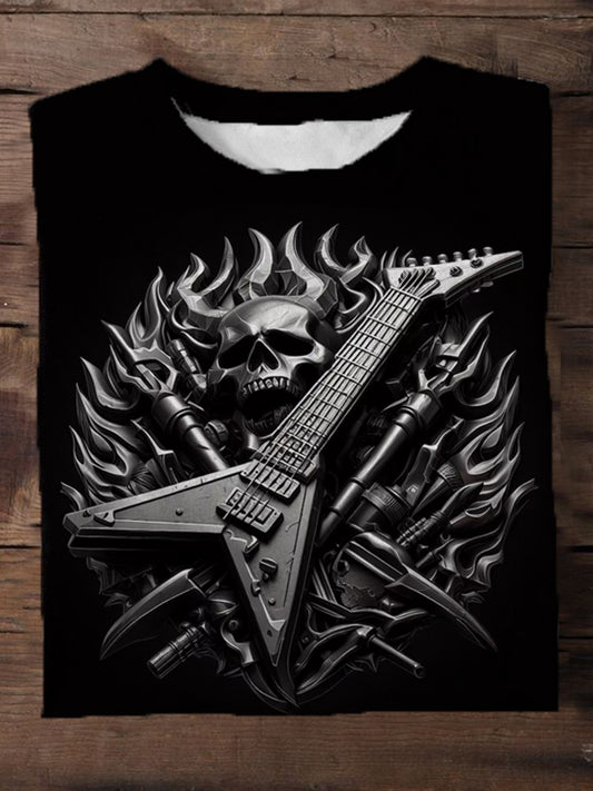 Heavy Metal Music Guitar Skull Print Men's Short Sleeve Round Neck T-Shirt