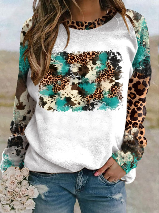 Turquoise Cowhide Leopard Print Long Sleeve Swearshirt