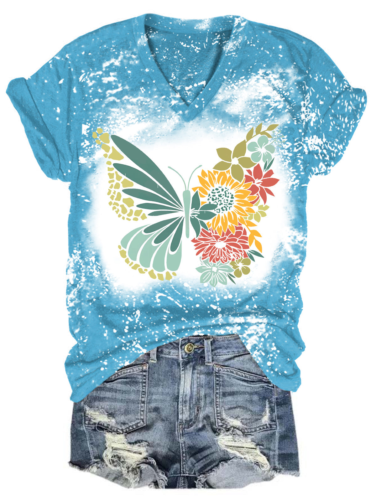 Floral Butterfly Tie Dye V-neck T-Shirt