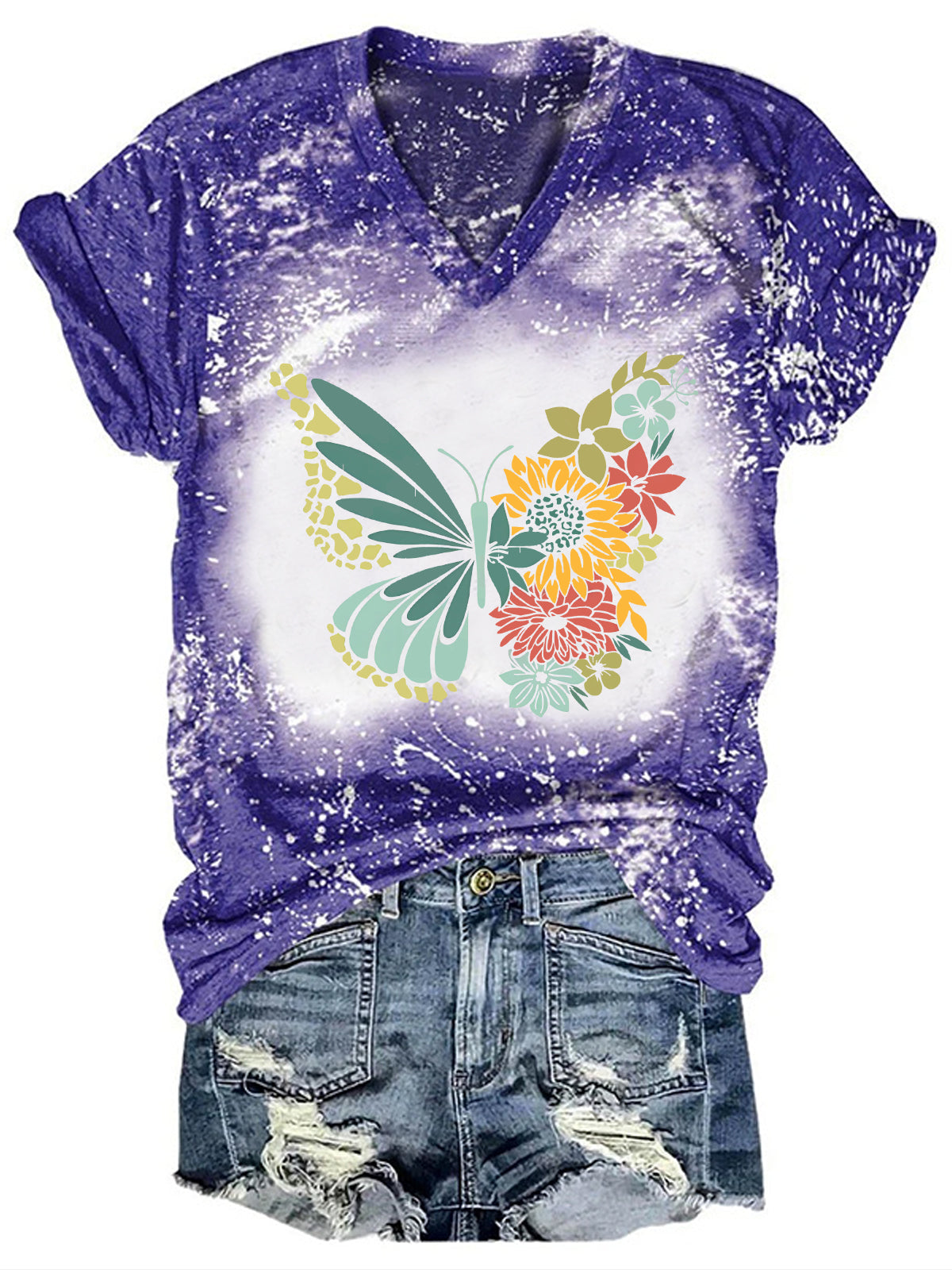 Floral Butterfly Tie Dye V-neck T-Shirt