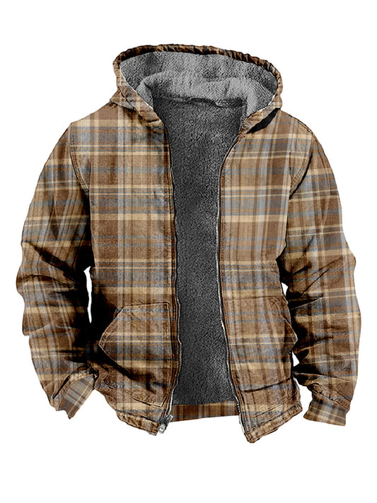 Plaid Print Casual Hooded Zipper Jacket