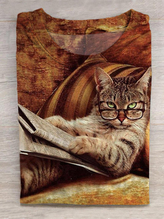 Vintage Reading Cat Print Round Neck Short Sleeve Men's T-shirt