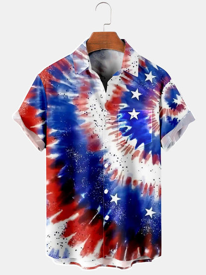 American Flag Print Short Sleeve Men's Shirts With Pocket