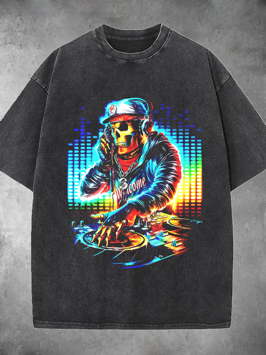 DJ Skull Print Washed Short Sleeve Round Neck Men's T-shirt