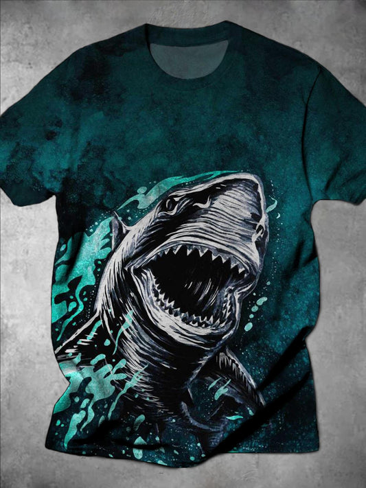 Shark Print Round Neck Short Sleeve Men's T-Shirt