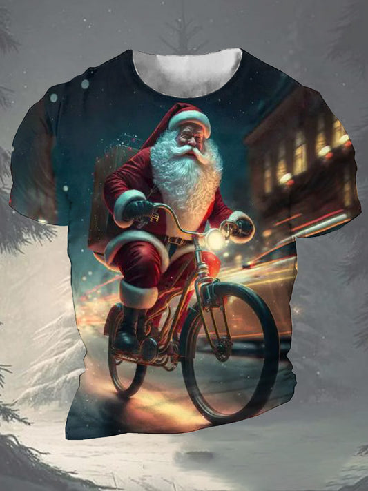 Personalized Santa Claus Cycling Print Round Neck Short-Sleeved Men's T-Shirt