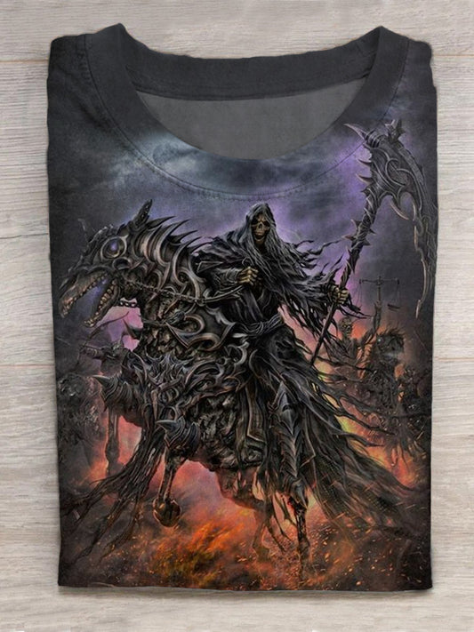 Skull Knight Print Round Neck Short Sleeve Men's T-shirt