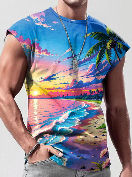 Colorful Beach Seascape Print Men's Sleeveless Round Neck Vest