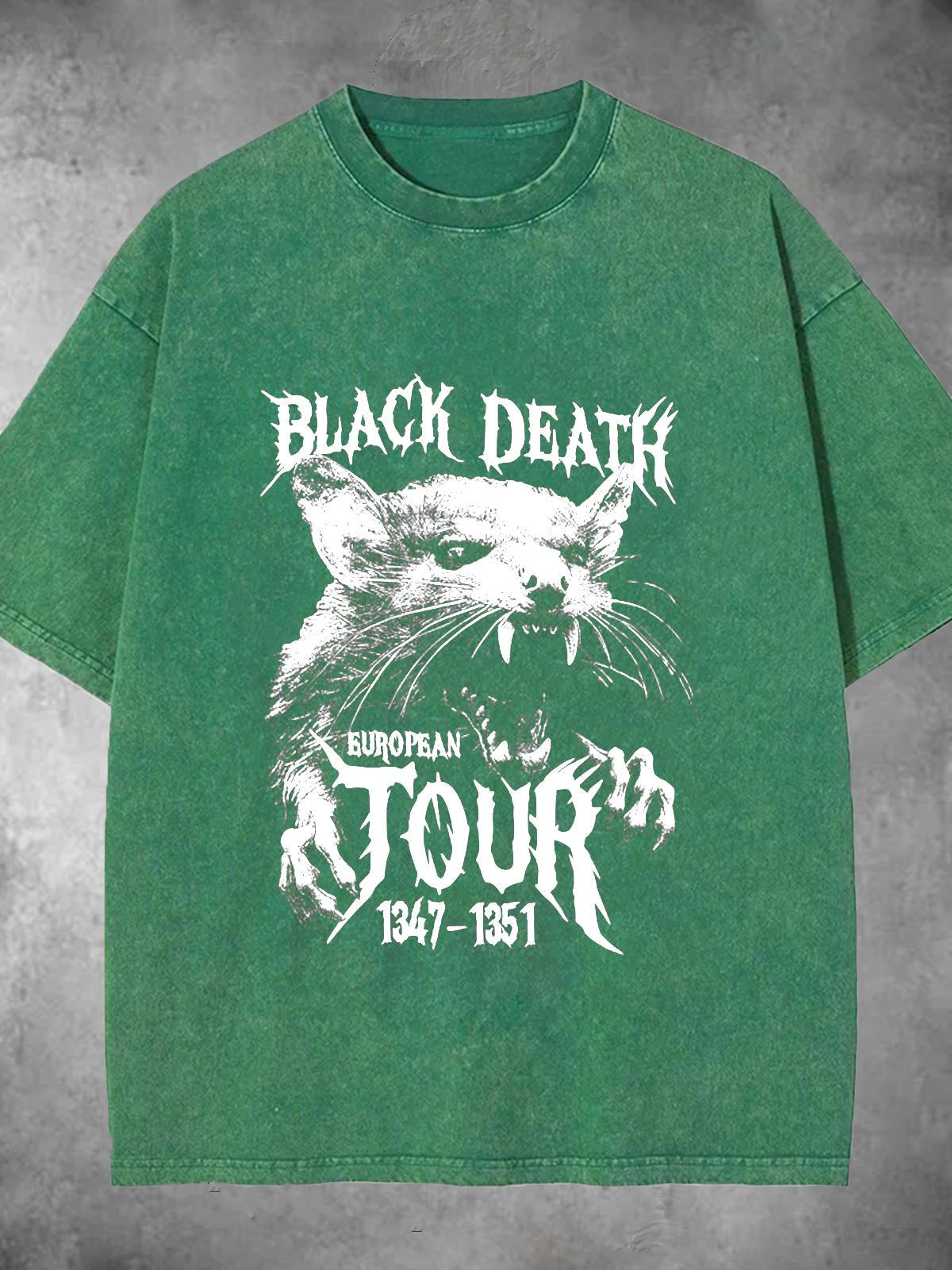 Black Death European Tour Rat Print Washed Short Sleeve Round Neck Men's T-shirt