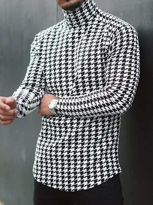 Simple Black And White Houndstooth Print Turtleneck Men's Top