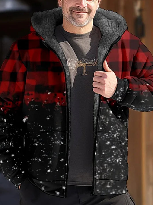 Casual Hooded Zippered Jacket With Gradient Plaid Print