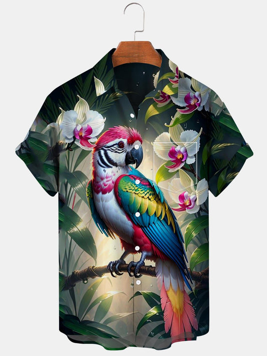 Parrot Flower Short Sleeve Men's Shirts With Pocket