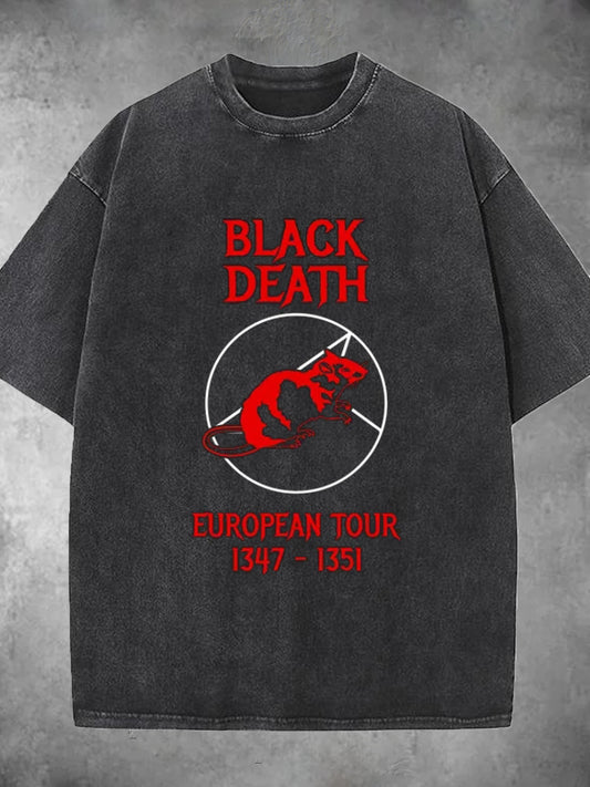 Black Death Rat Print Washed Short Sleeve Round Neck Men's T-shirt