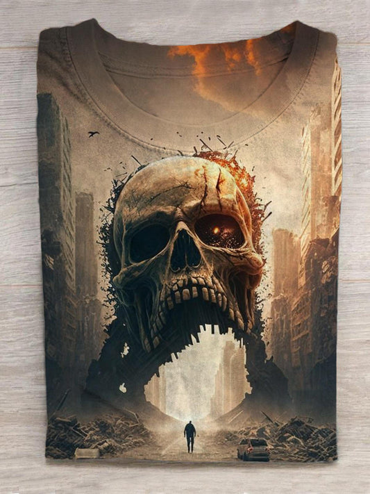Skull City Destruction Print Round Neck Short Sleeve Men's T-shirt