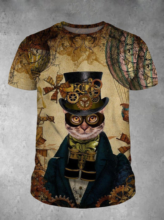 Vintage Mechanical Cat Print Round Neck Short Sleeve Men's T-Shirt