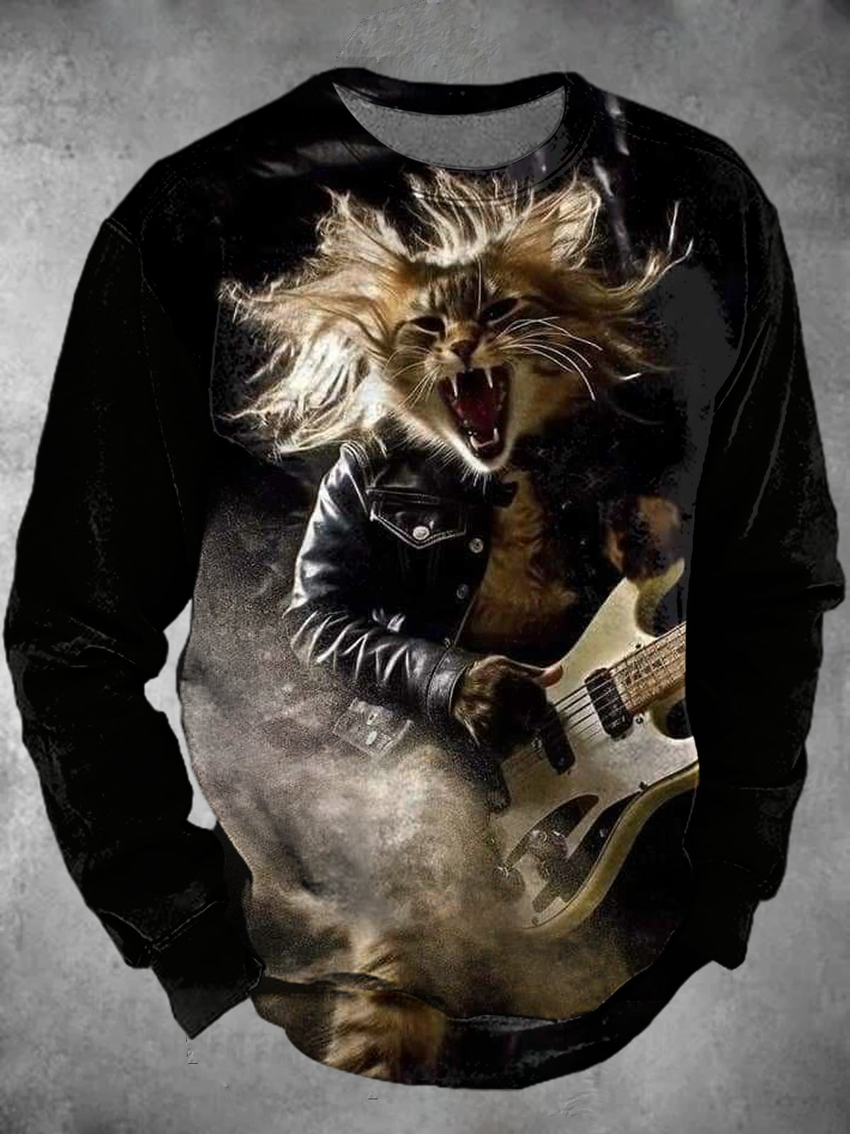 Rock Crazy Cat Print Crew Neck Long Sleeve Men's Top