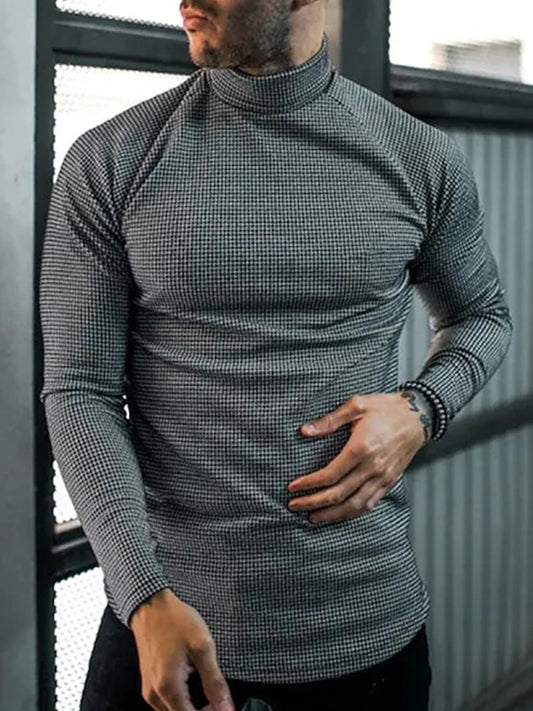 Gray And Black Plaid Printed High Collar Men's Top