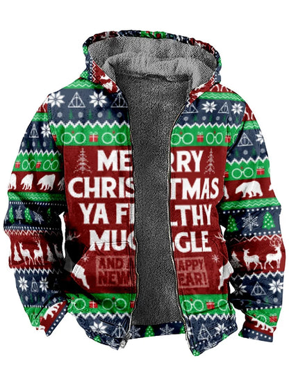 Christmas Personalized Printed Long-Sleeved Hooded Zipper Men's Jacket