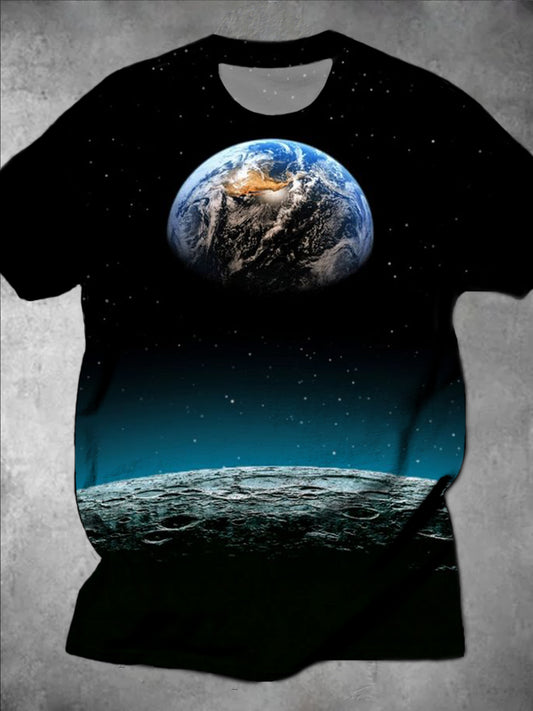 Universe Planet Print Round Neck Short Sleeve Men's T-shirt