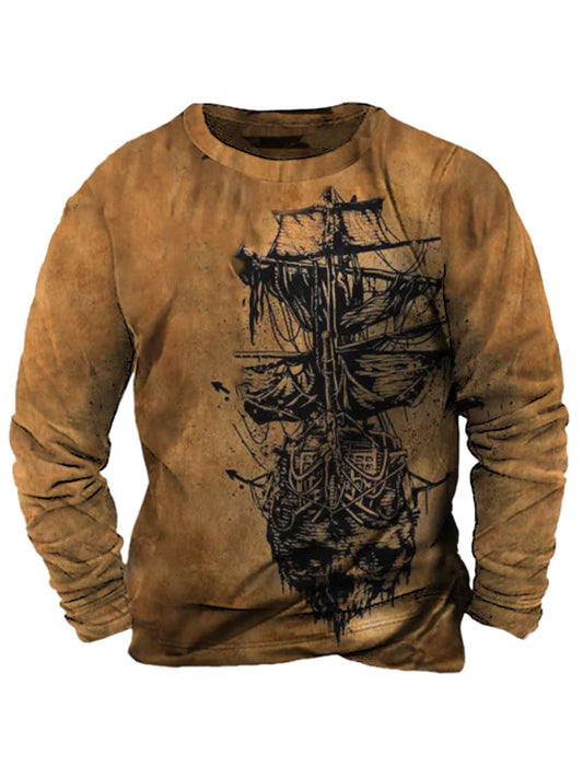 Men's Vintage Pirate Sailboat Print Long Sleeve Top