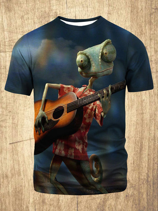 Insect Playing Guitar Print Round Neck Short Sleeve Men's T-Shirt