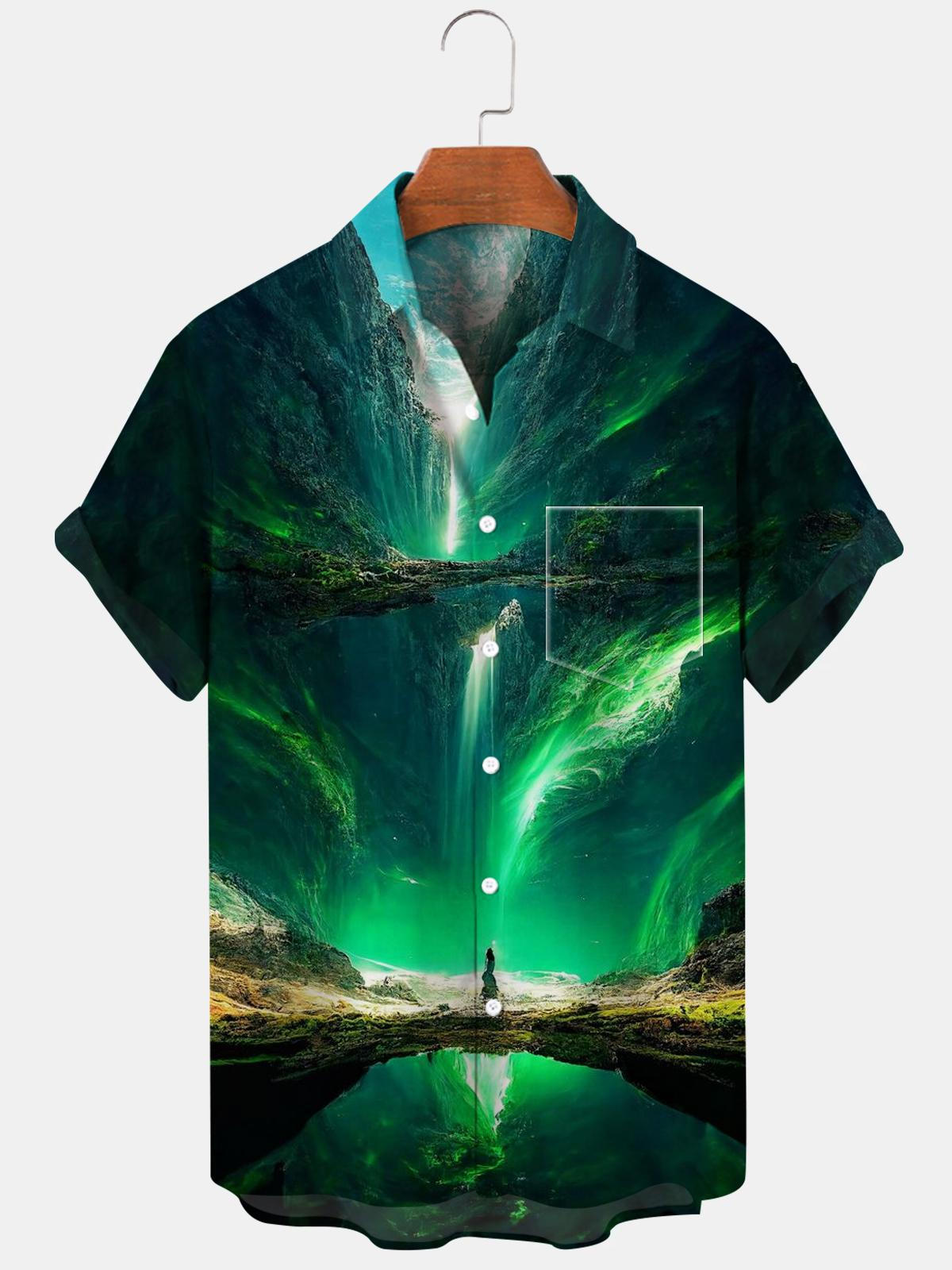 Mountain Waterfall Short Sleeve Men's Shirts With Pocket