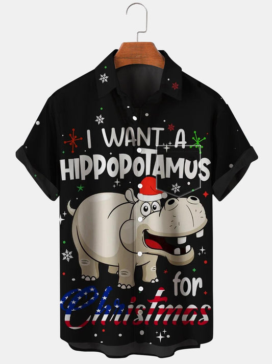 Hippopotamus Short Sleeve Men's Shirts With Pocket