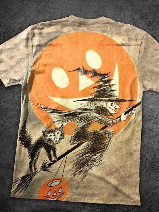 vintage Halloween witch on broomstick print T-shirt