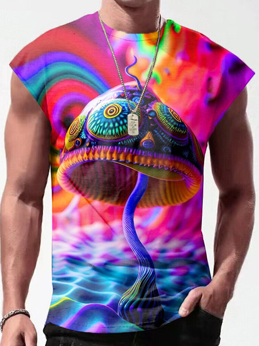 Colorful Psychedelic Mushroom Print Men's Sleeveless Crew Neck Vest