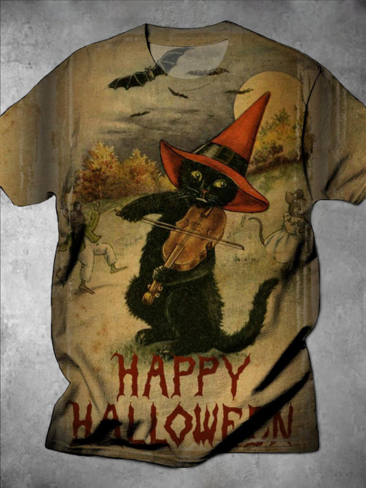 Halloween Black Cat Print Round Neck Short Sleeve Men's T-Shirt