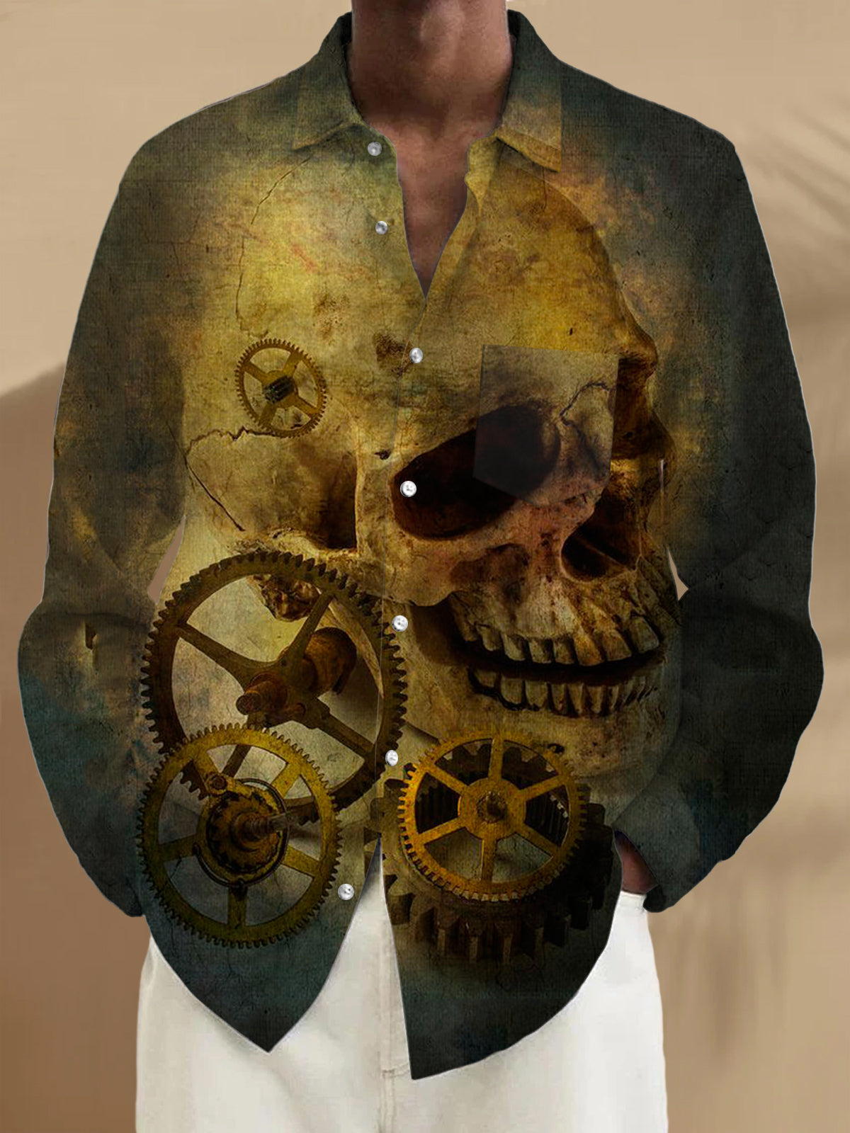 Vintage Skull Gear Long Sleeve Men's Shirts With Pocket