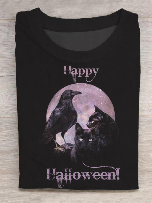 Halloween Black Cat Crow Round Neck Short Sleeve Men's T-Shirt