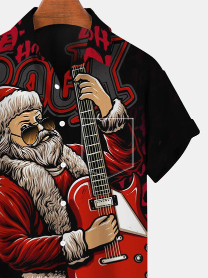Christmas Santa Claus Guitar Short Sleeve Men's Shirts With Pocket