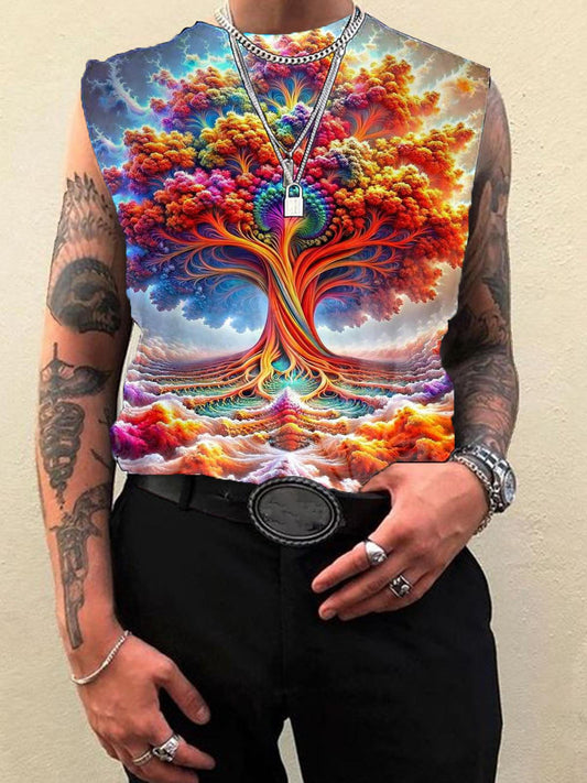 Colorful Cloud Tree Of Life Print Men's Sleeveless Vest